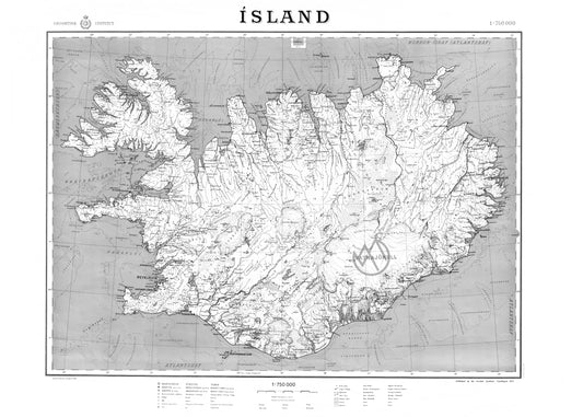 Íslandskort 1945 Svart/Hvítt