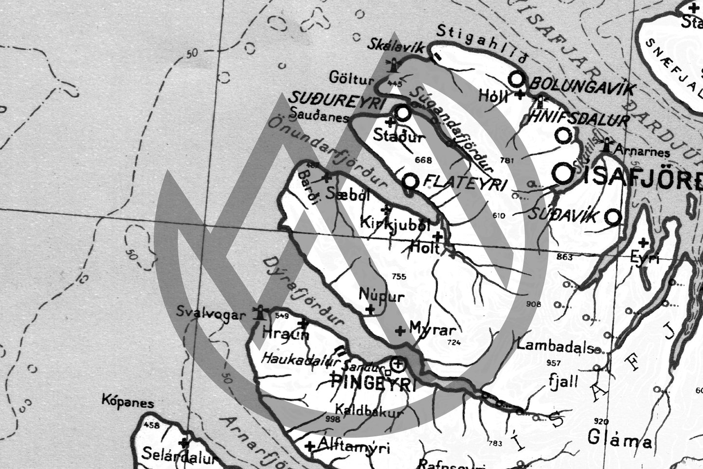 Íslandskort 1945 Svart/Hvítt