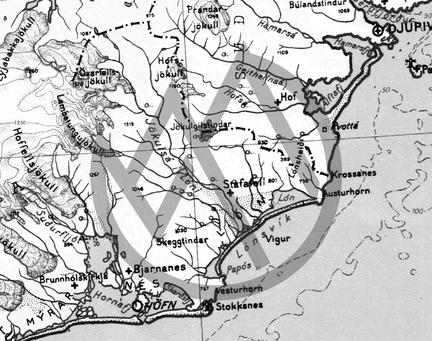 Íslandskort 1945 Svart/Hvítt